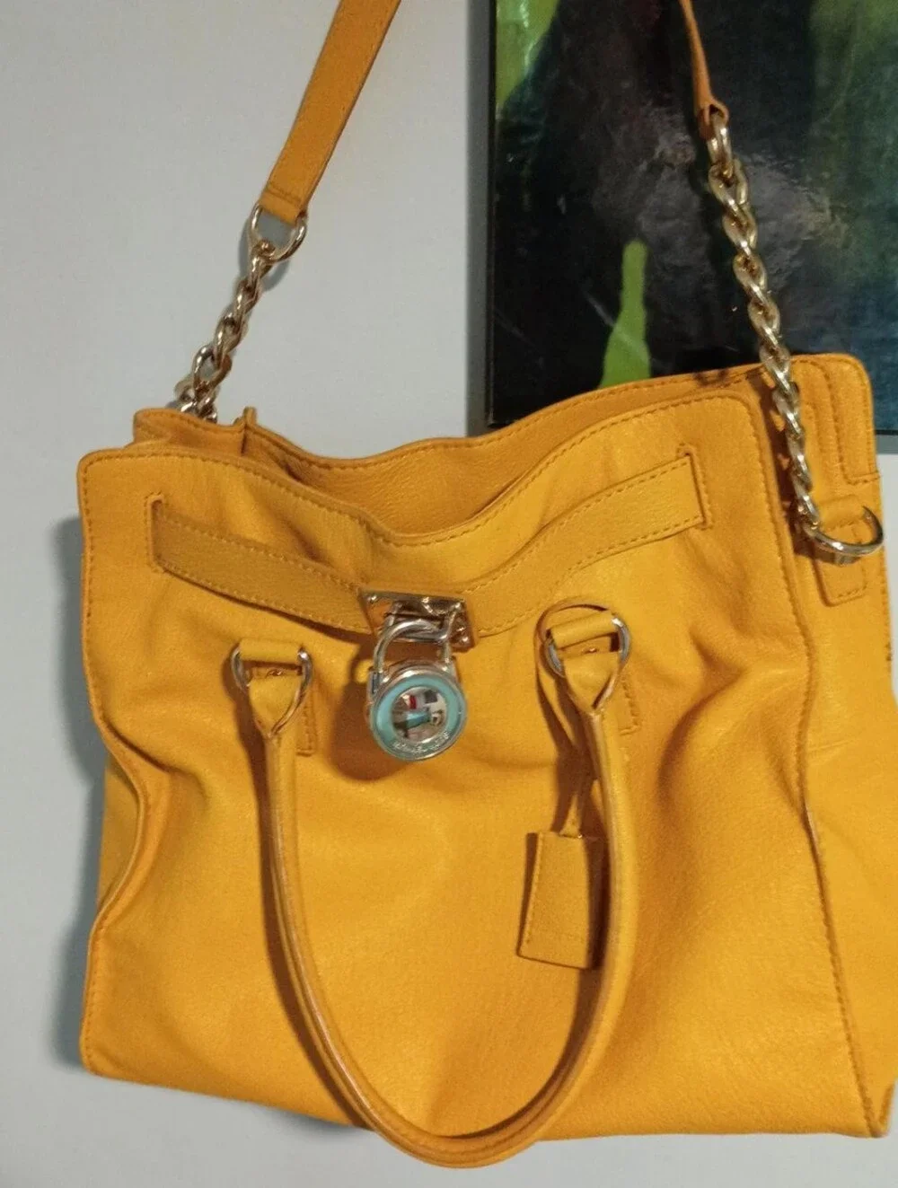 Michael Kors Yellow Leather Satchel with Gold-Tone MK Lock